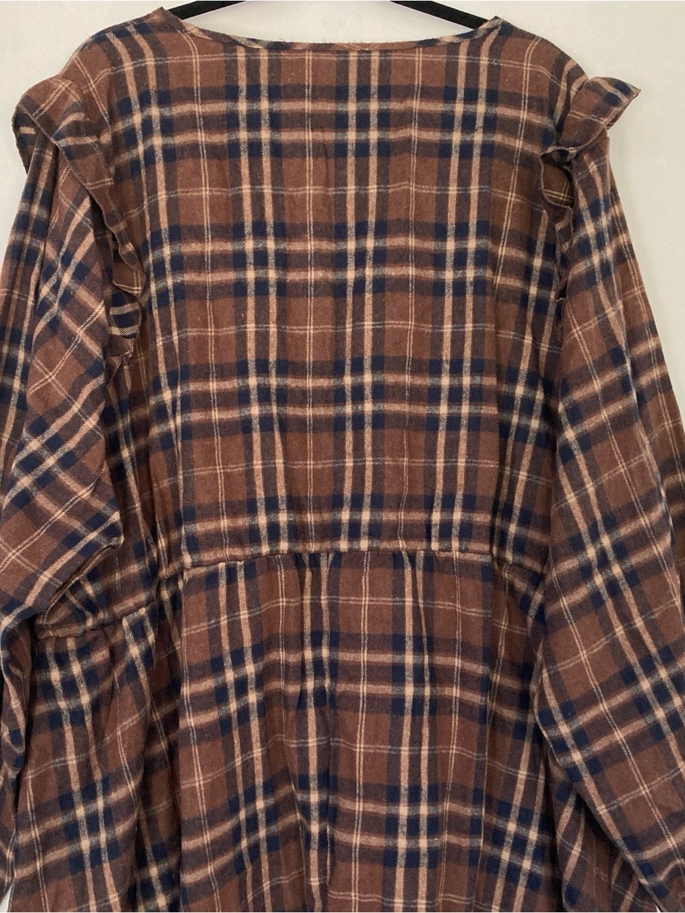 Bloomchic V Neck Plaid Ruffles Sleevele Dress brown Sz 30 Oversized - Picture 9 of 16